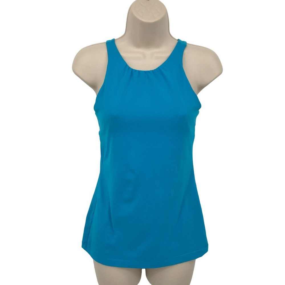 Lucy Womens Blue Athletic Active Crossover Strap Sleeve Tank Top Size S